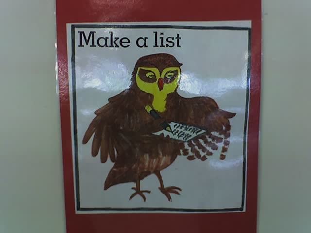 drawing of an owl with paper and pen that says make a list