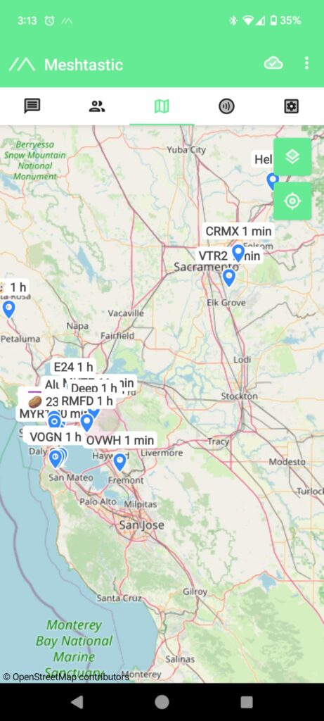 map of san francisco bay area with a smattering of mesh node stations stretching out to sacramento