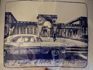 a screen print of the legion of honor building with its many columns and an old fashioned car