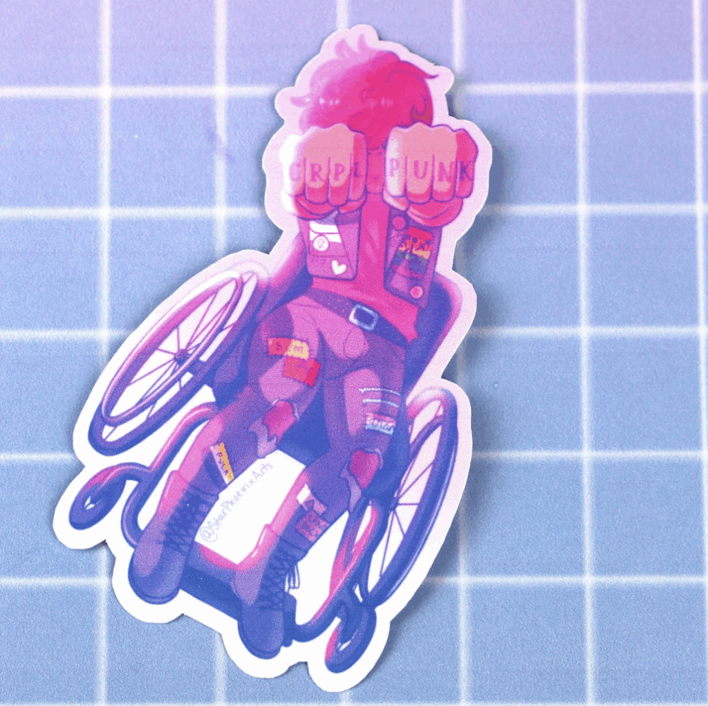 head on, fists forward, art on a sticker, of a wheelchair user with knuckle tattoos spelling crip punk