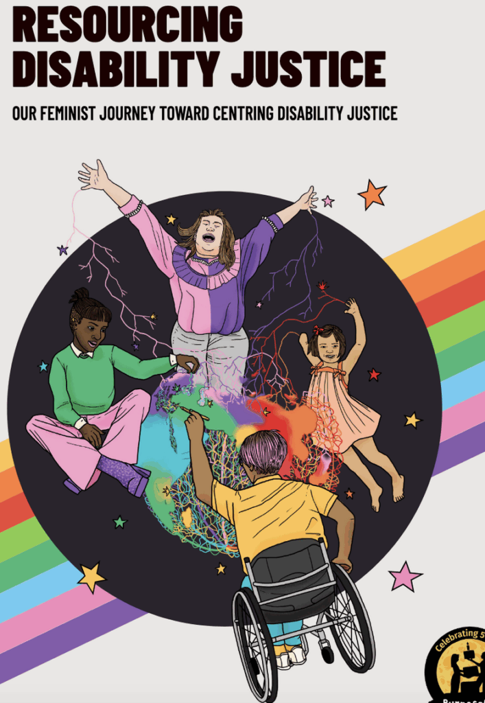 group of disabled women and girls in outer space, on a rainbow, weaving something collectively and joyfully 