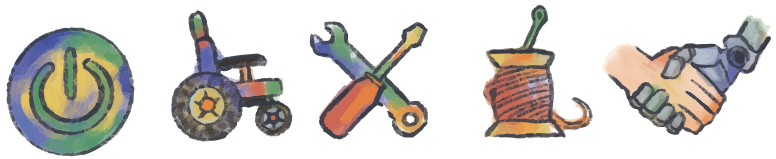 colorful hand drawn icons of a powerchair, wrench and screwdriver crossed, spool of thread and needle, robot hand shaking a human hand