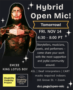 an instagram post flyer for the hybrid open mic with a photo of king lotus boy in full drag looking magnificent