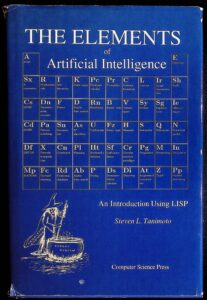 book cover with illustration that looks like the periodic table of elements but with AI concepts. there is also a witch in a pointy hat stirring a cauldron